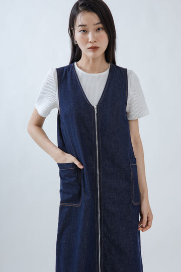 V Neck Zipper Sleeveless Denim Dress (Denim)