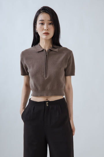 Zipper Collared Knit Top (Brown)