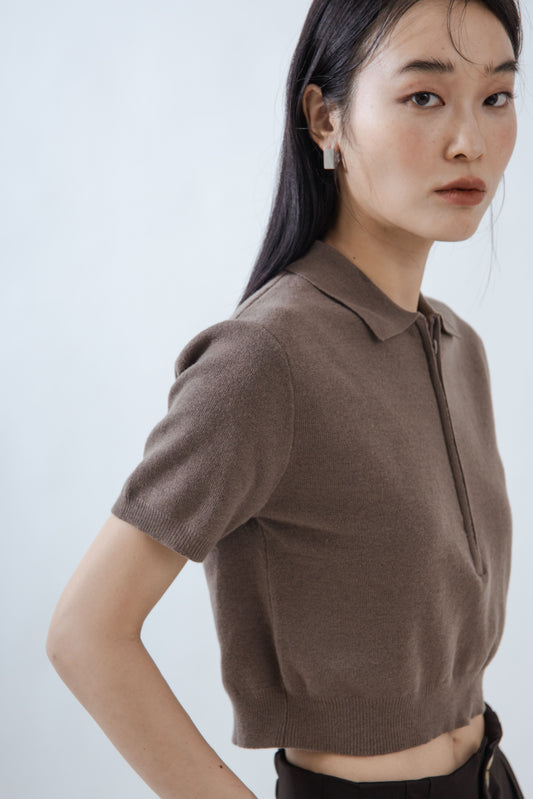 Zipper Collared Knit Top (Brown)