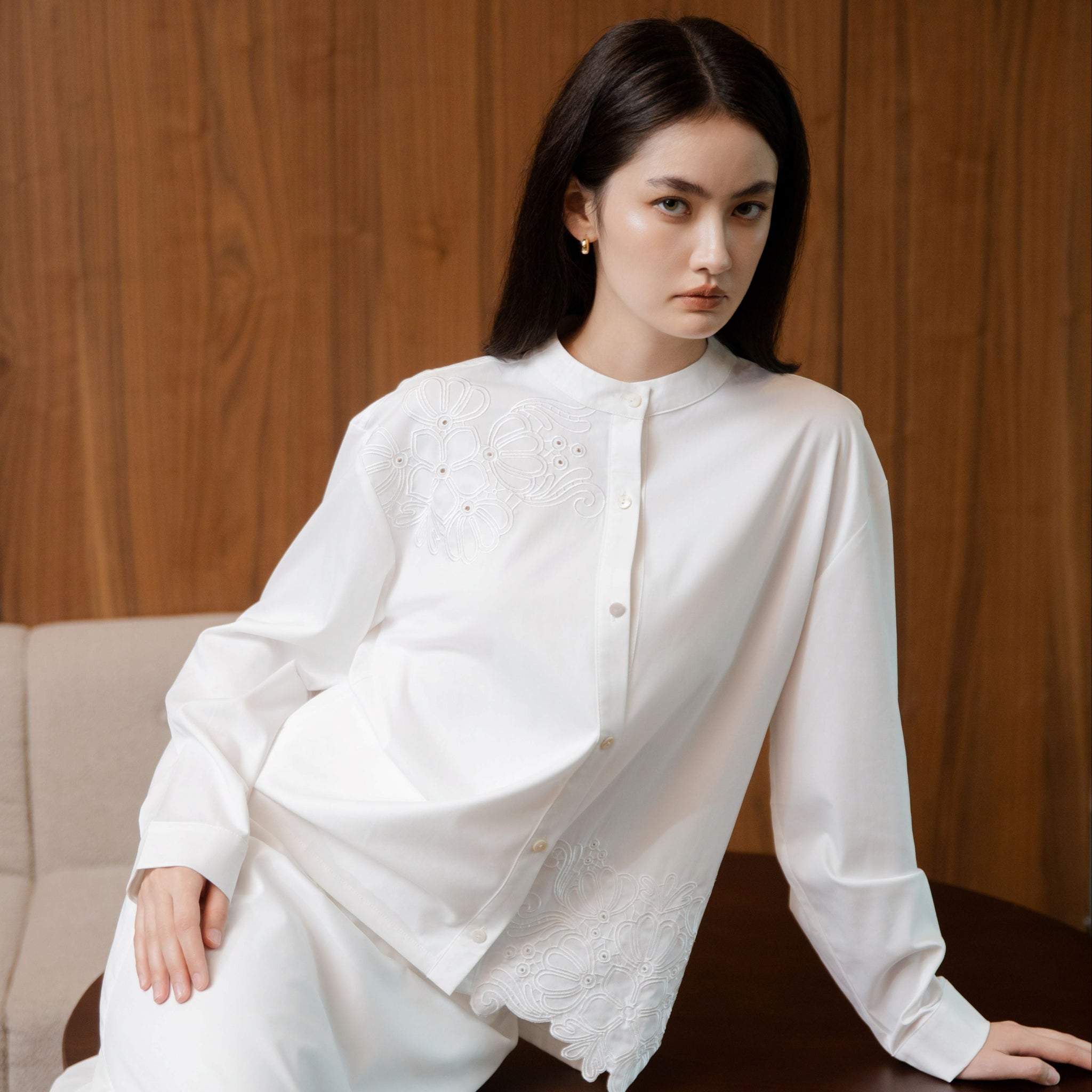Petala Embroidery Long Sleeve Shirt (Ivory)