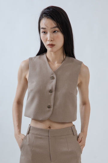 Cropped V Neck Button Down Vest (Khaki)