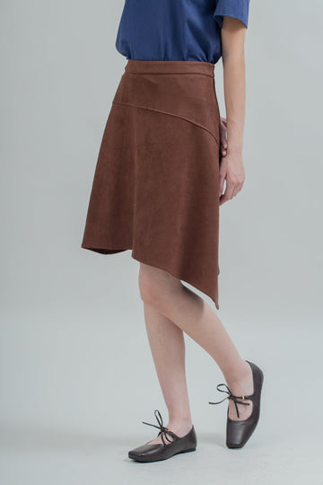 Suede Asymmetrical Midi Skirt (Brown)