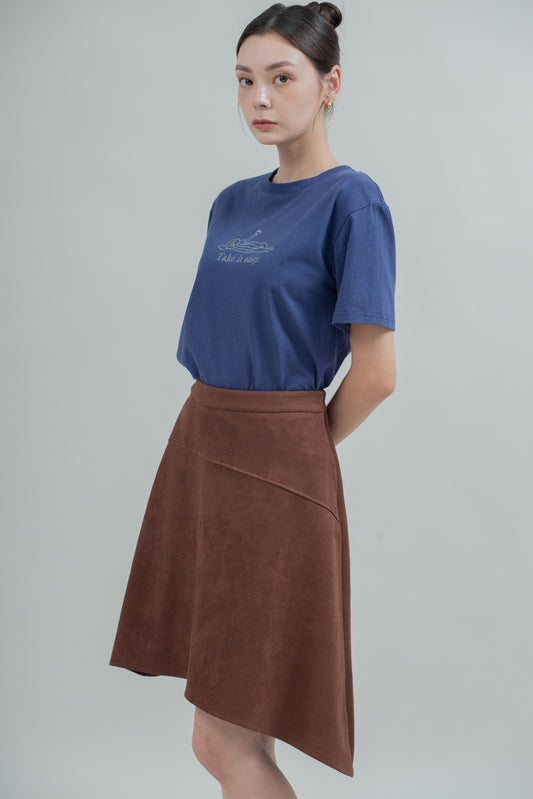 Suede Asymmetrical Midi Skirt (Brown)