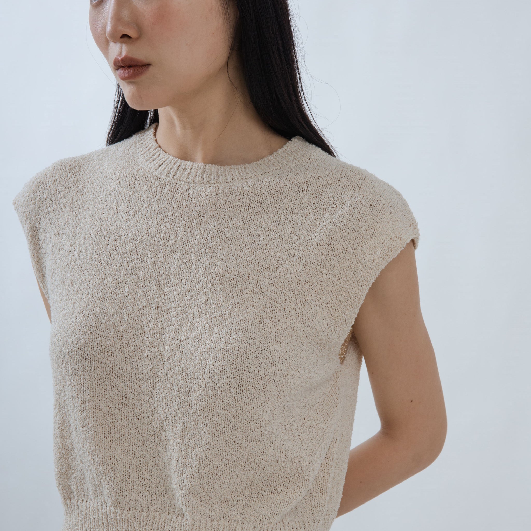 Round Neck Texture Knit Top (Beige)