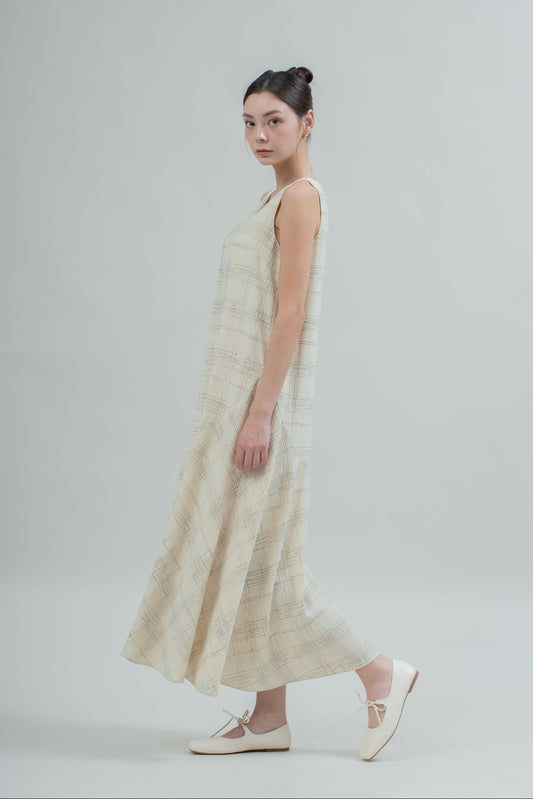 Sketchline Flare Maxi Dress (Beige Stripes)