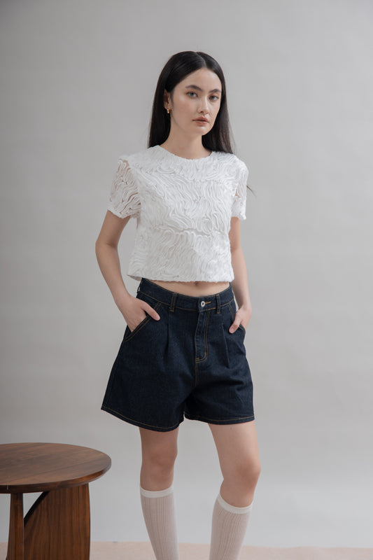 Ripple Textured Short Sleeve Top (Ivory)