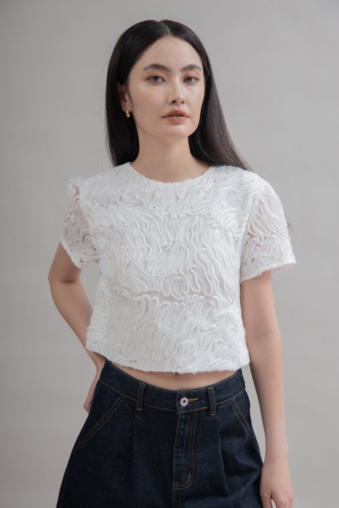 Ripple Textured Short Sleeve Top (Ivory)