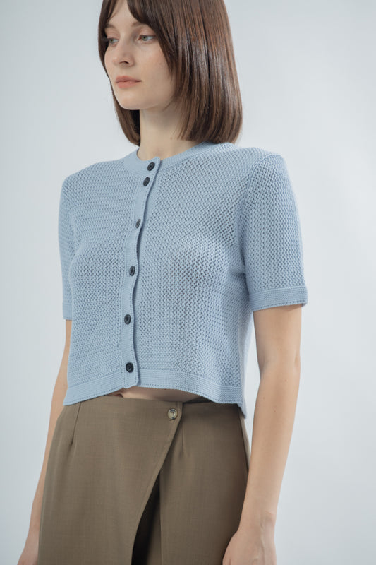 Button Hollow Knit Short Sleeve (Blue)