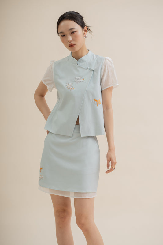 Goldfish Embroidery Sheer Layered Skirt (Blue)