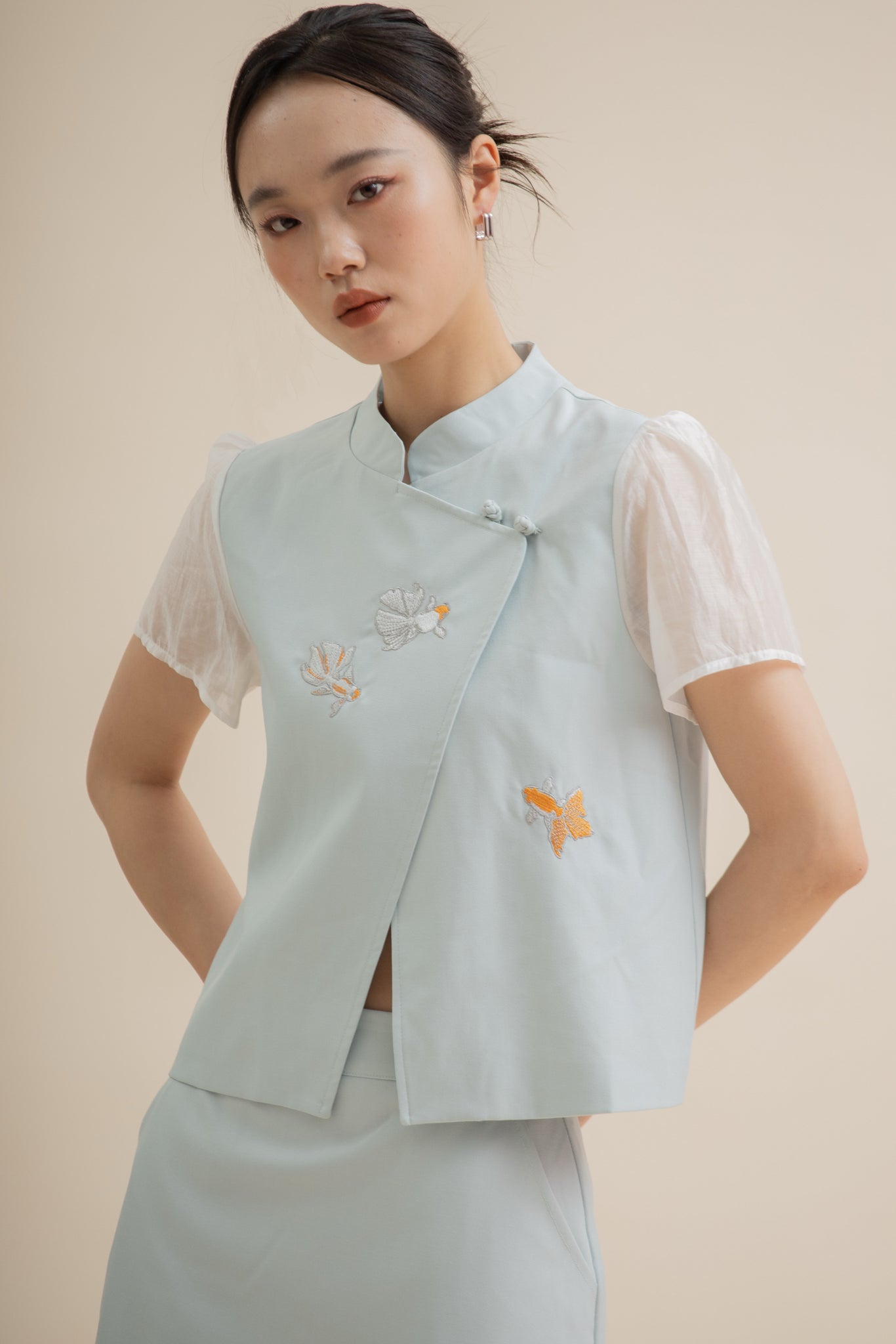 Goldfish Embroidery Sheer Sleeve Cheongsam Top (Blue)