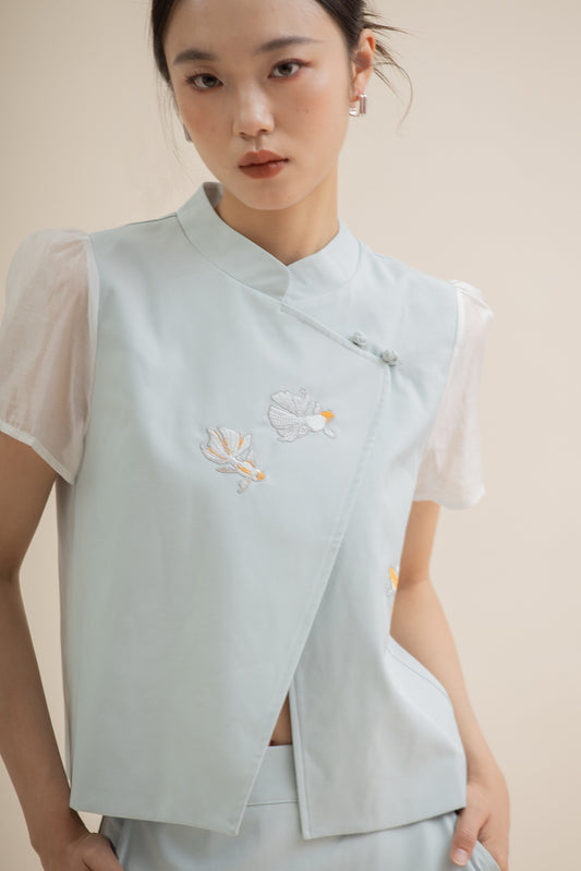 Goldfish Embroidery Sheer Sleeve Cheongsam Top (Blue)