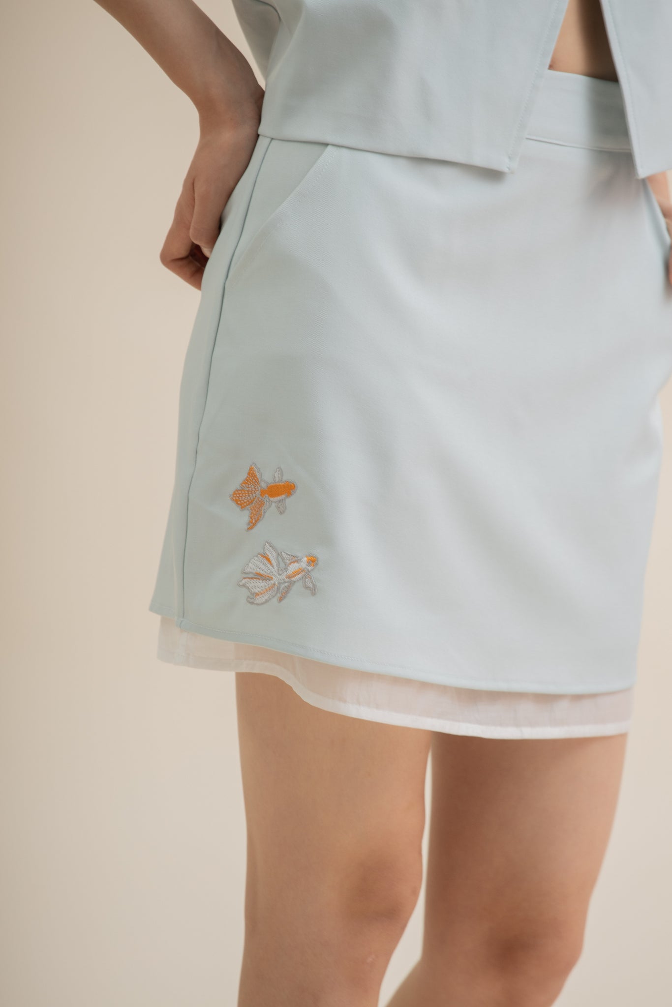 Goldfish Embroidery Sheer Layered Skirt (Blue)