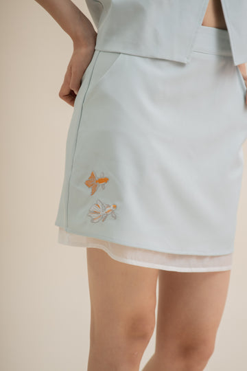 Goldfish Embroidery Sheer Layered Skirt (Blue)