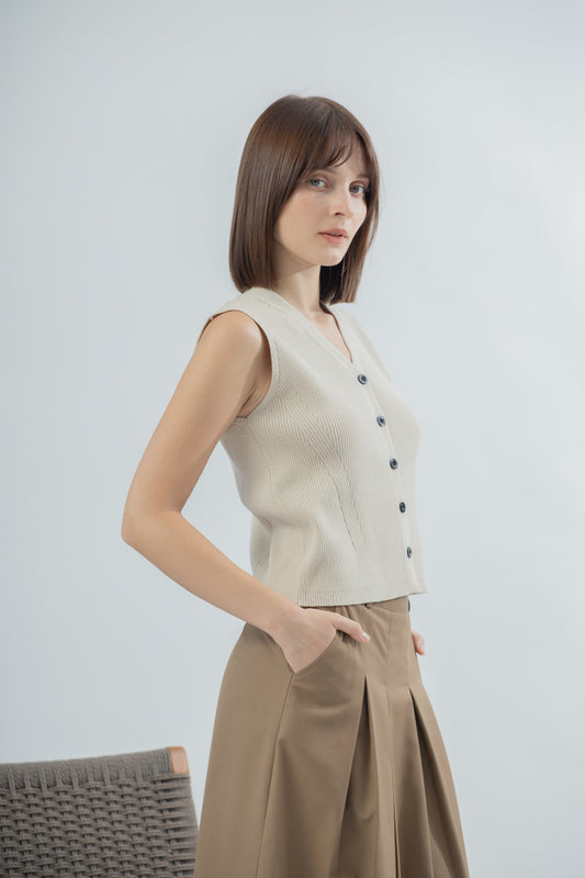 Contrast Button Knit Vest (Beige)