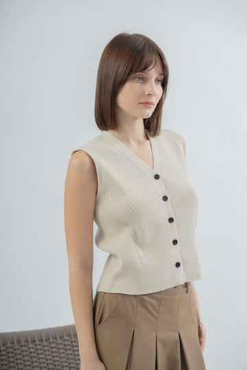 Contrast Button Knit Vest (Beige)