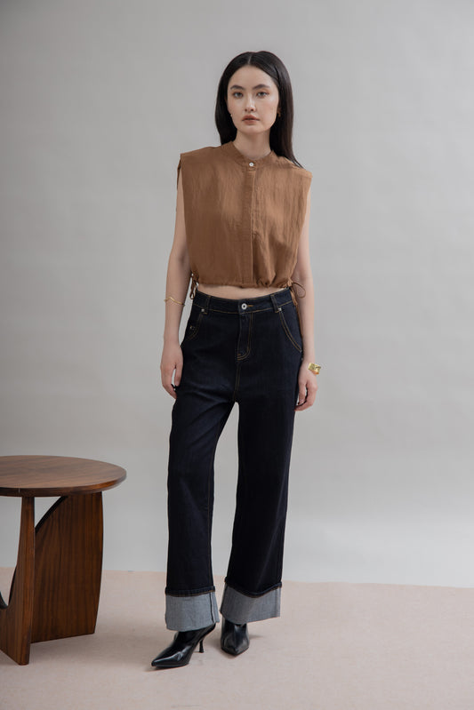 Lightweight Drawstring Hem Top (Camel)