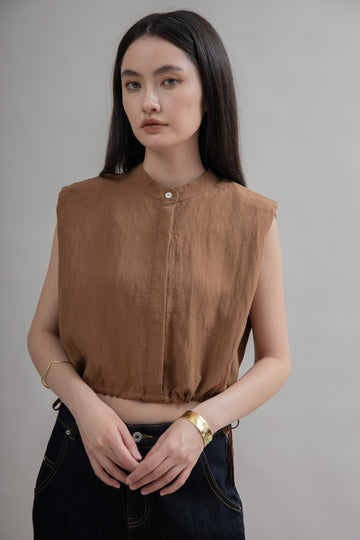 Lightweight Drawstring Hem Top (Camel)