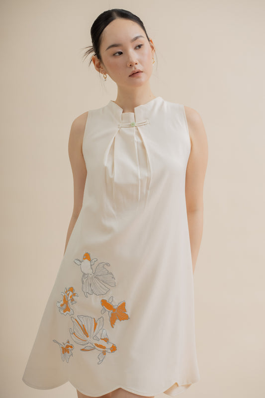 Goldfish Embroidery Pleated Sleeveless Dress  (Beige)