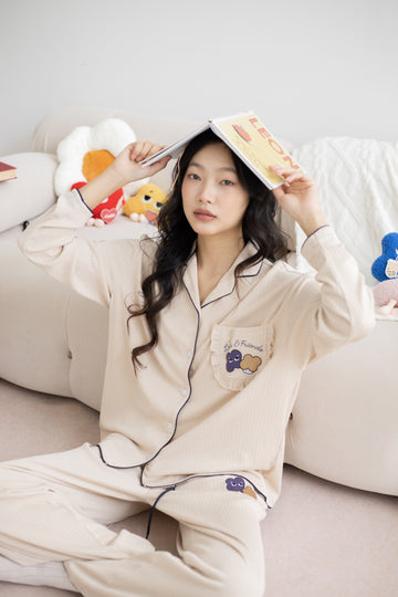 LULU Drapey Long Sleeve Pyjamas Set (Beige Brown)