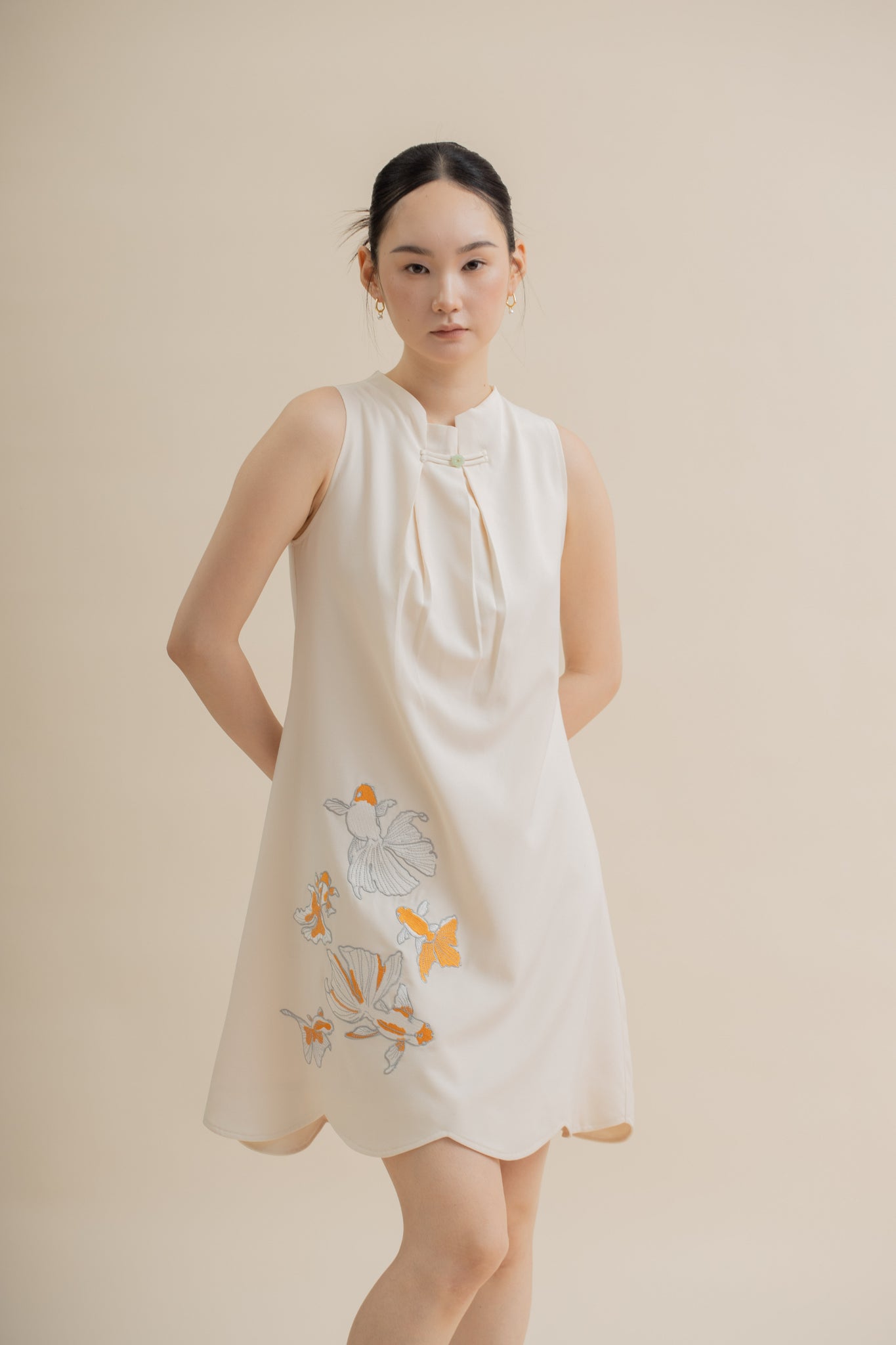 Goldfish Embroidery Pleated Sleeveless Dress  (Beige)