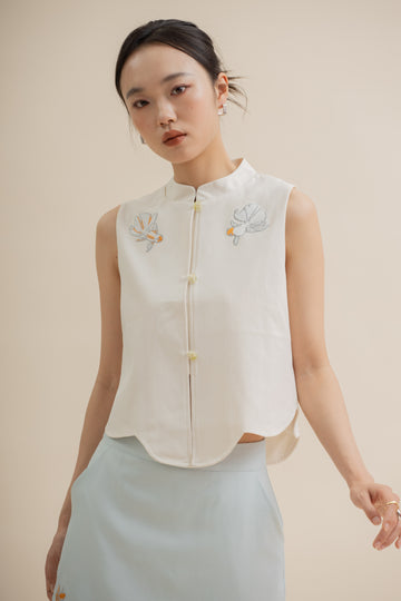 Goldfish Embroidery Sleeveless Cheongsam Top  (Beige)