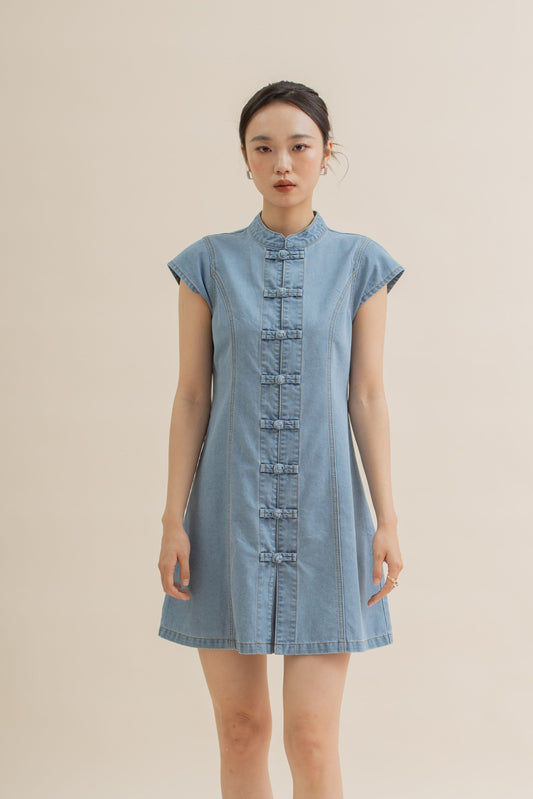 Denim Knot Down Cheongsam Dress (Washed Denim)