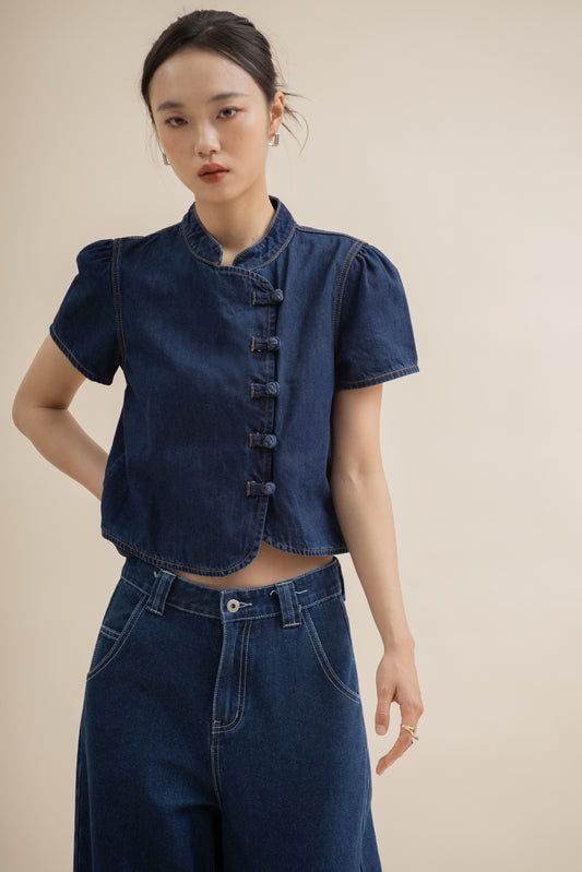 Puffy Sleeve Denim Cheongsam Top (Dark Denim)