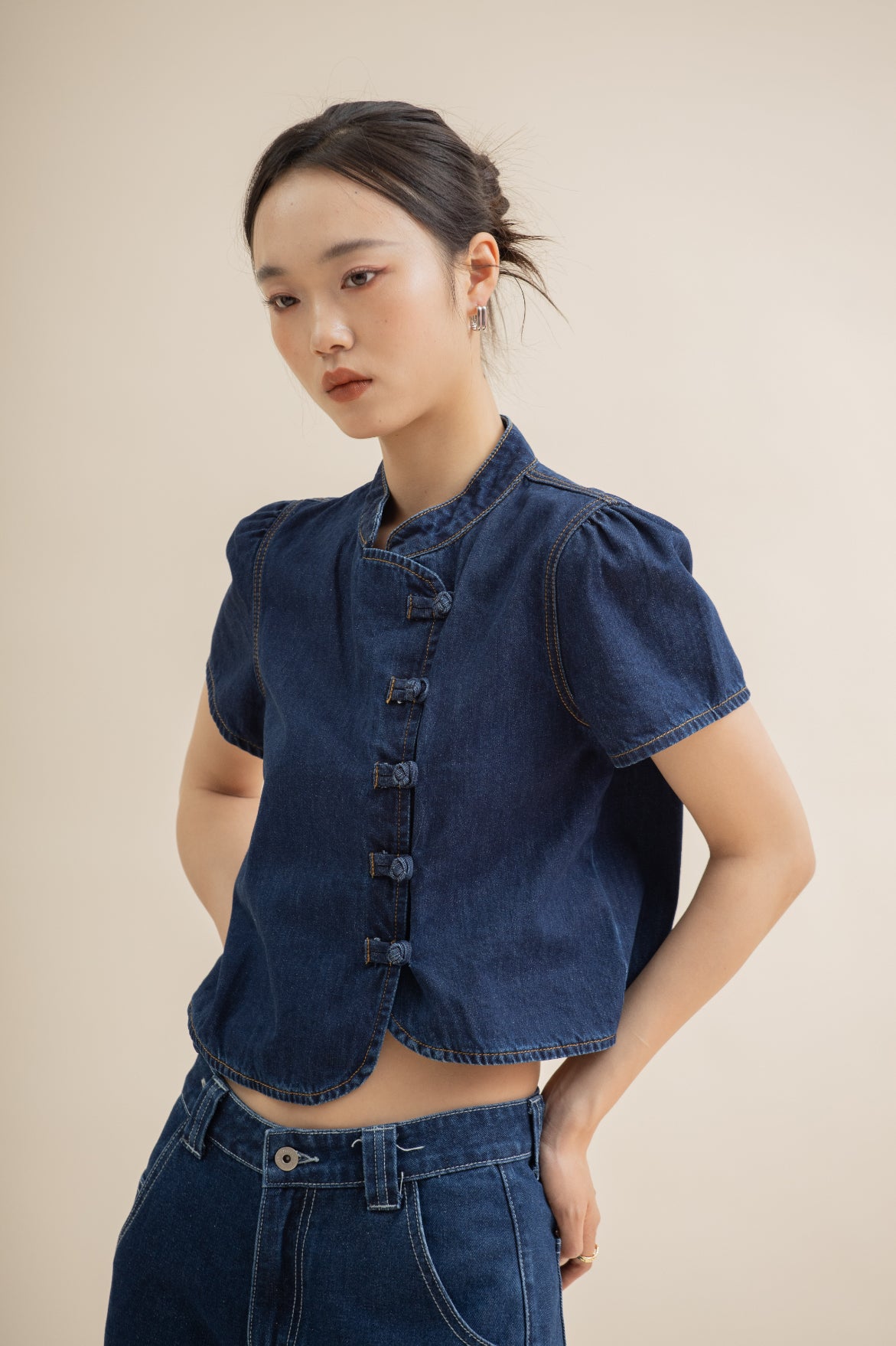 Puffy Sleeve Denim Cheongsam Top (Dark Denim)