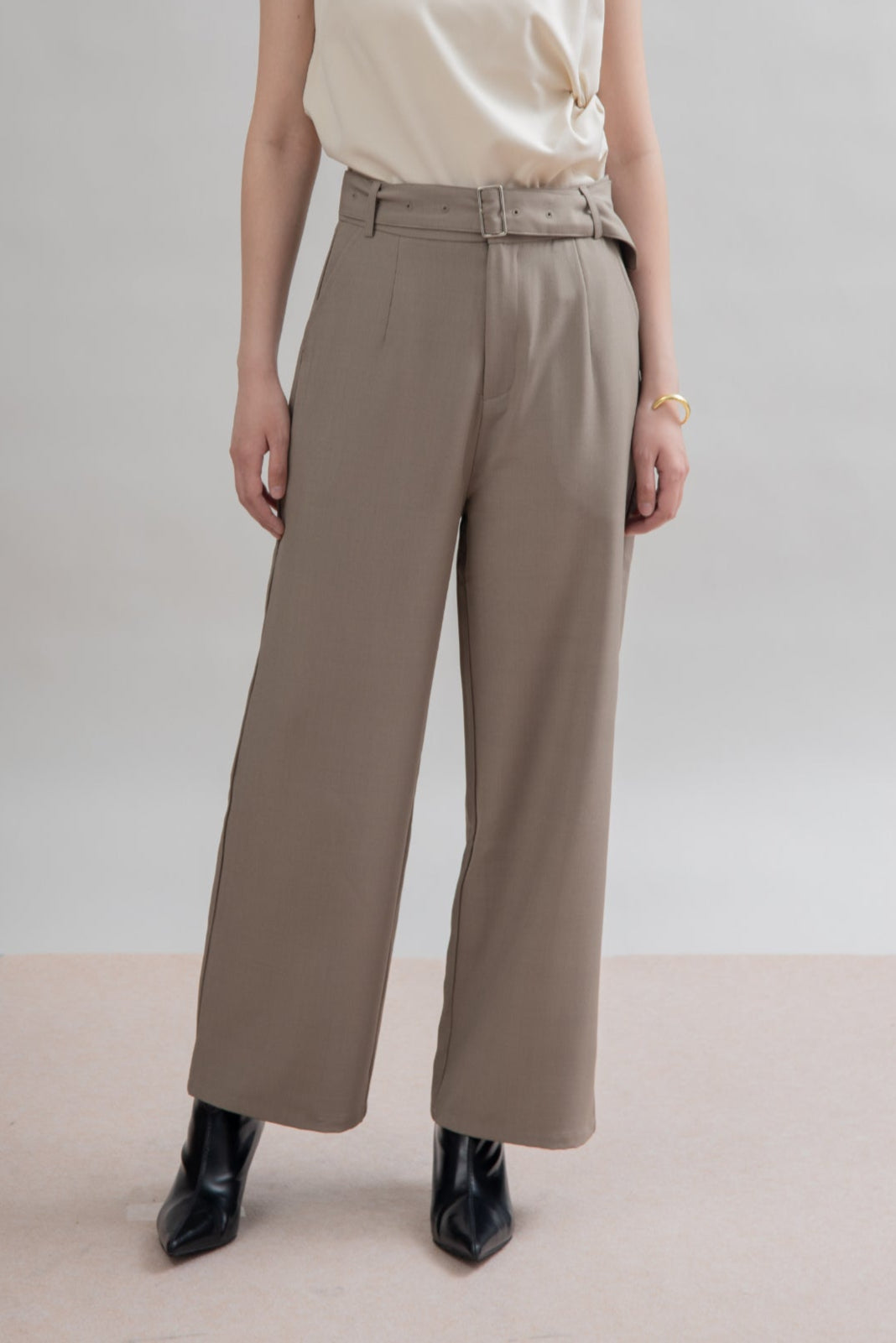 Straight Cut Belted Trouser (Khaki Grey)
