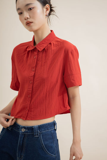 Airy Short Sleeve Collar Top (Red)