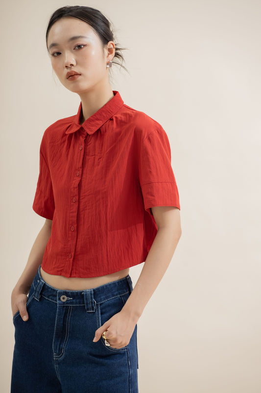 Airy Short Sleeve Collar Top (Red)