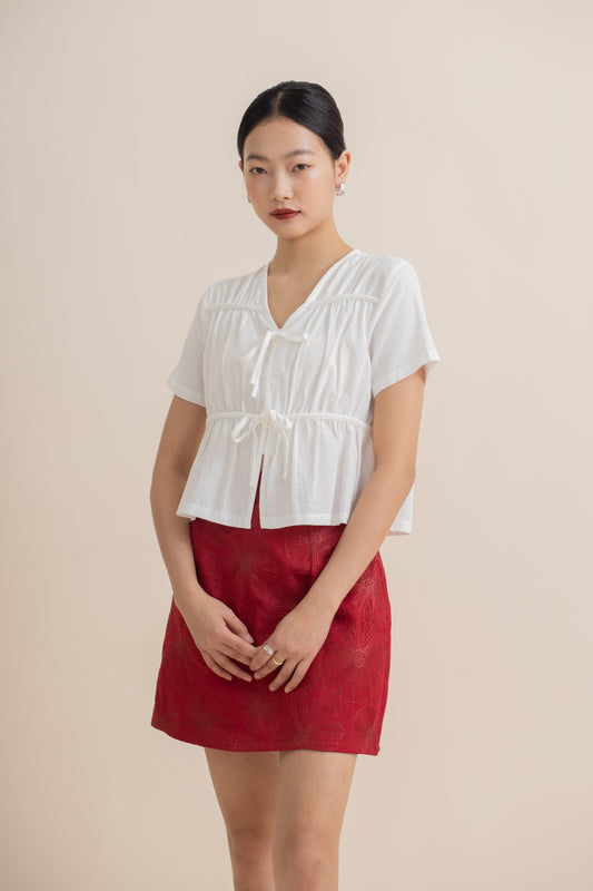 Ribbon Shirred Short Sleeve Top (Ivory)