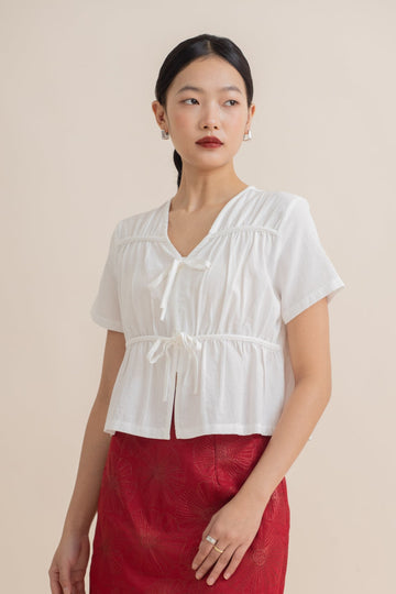 Ribbon Shirred Short Sleeve Top (Ivory)