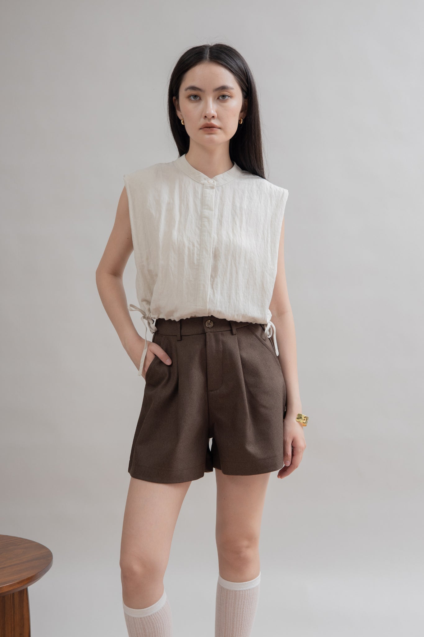 Lightweight Drawstring Hem Top (Bone)