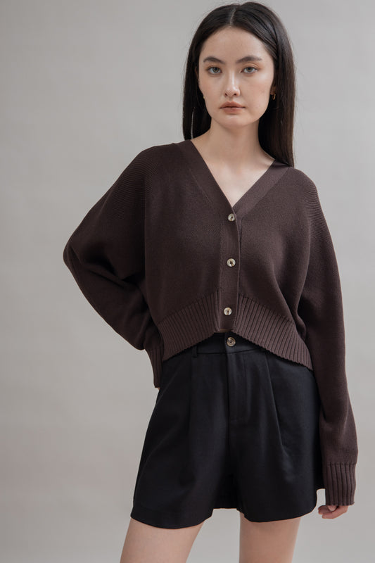 V Neck Button Knit Cardigan (Brown)