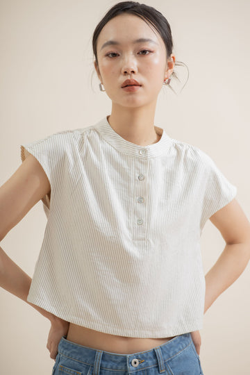 Mandarin Collar Cap-Sleeve Top (Beige Stripes)