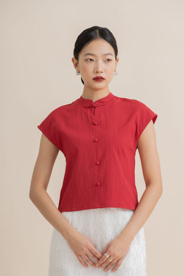Textured Cap-Sleeve Cheongsam Top (Red)