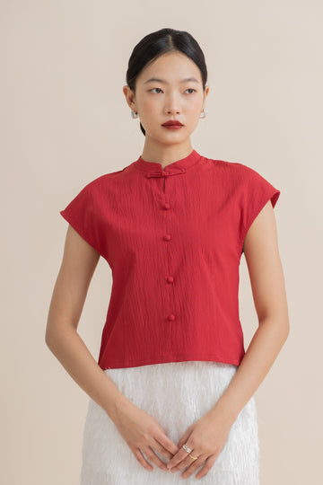Textured Cap-Sleeve Cheongsam Top (Red)