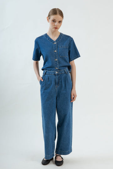 V Neck Denim Pocket Top (Denim)
