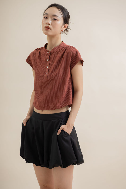 Mandarin Collar Cap-Sleeve Top (Red Stripes)