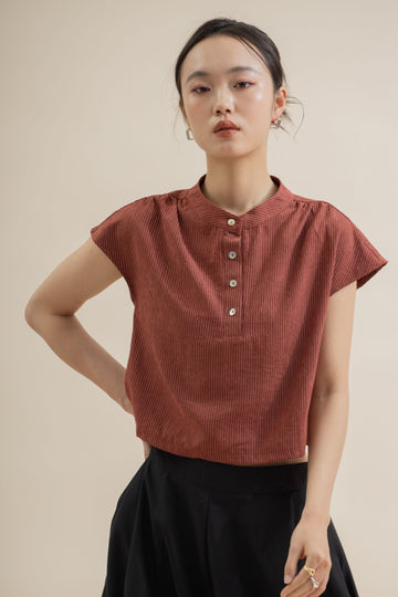Mandarin Collar Cap-Sleeve Top (Red Stripes)