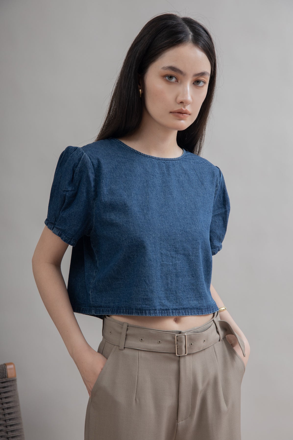 Pleated Short Sleeve Two Way Top (Denim)