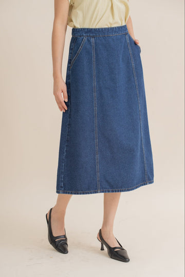 A-Line Paneled Midi Skirt (Dark Denim)