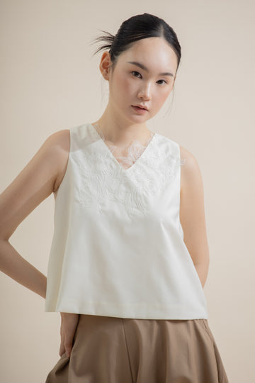 Lacey V Neck Sleeveless Top (Ivory)