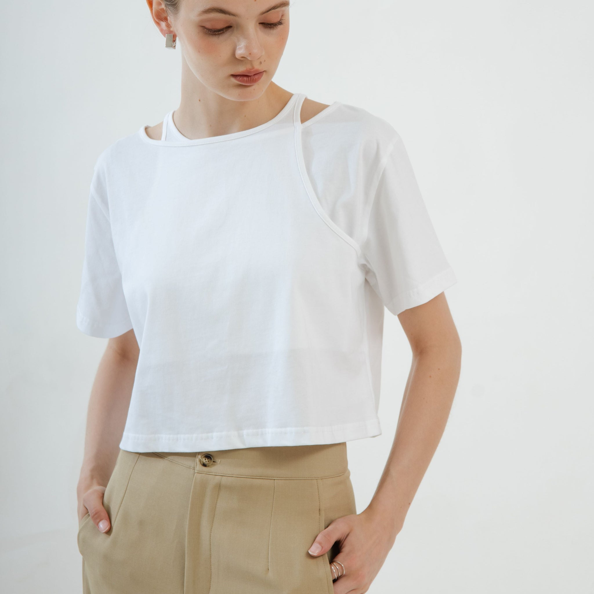 Asymmetric Strap Short Sleeve Top (White)