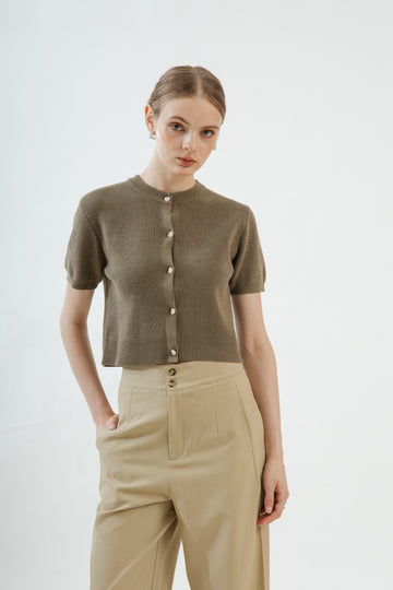Marble Metal Button Knit Top (Khaki Brown)