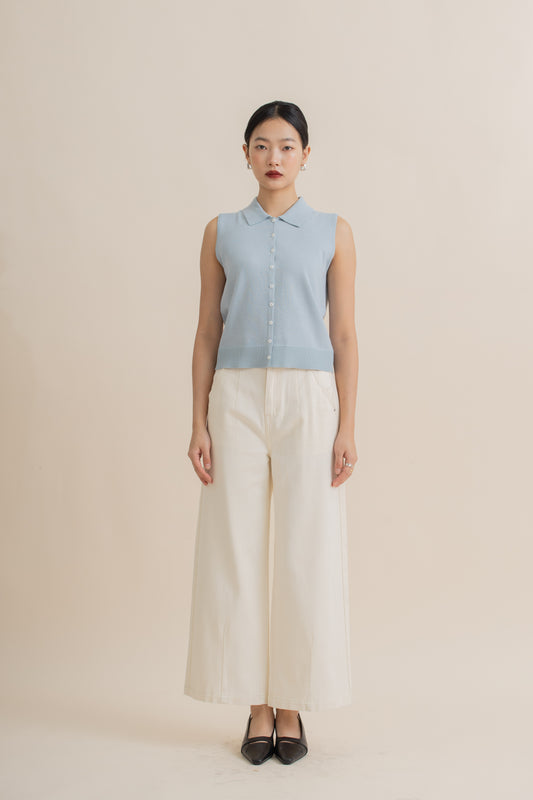 Pleated Hem Wide Leg Jeans (Beige)