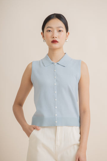 Sleeveless Collar Knit Top (Grey Blue)