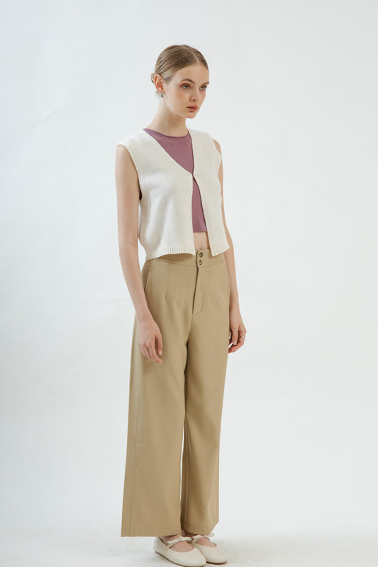Open-Front Relaxed Knit Vest (Beige)