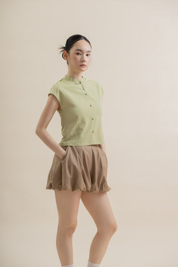 Textured Cap-Sleeve Cheongsam Top (Pastel Green)